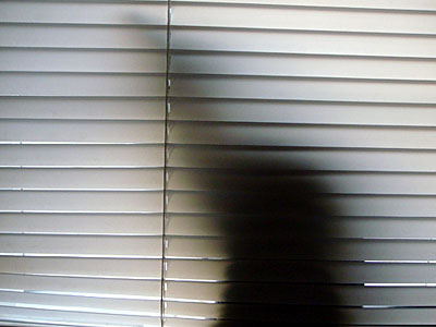 Hanna, visible in silhouette behind window blinds