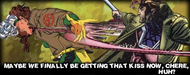 Gambit attacking fellow X-Man Rogue from behind, with the caption 